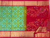 Sea Green with Red Pochampally Ikkat Silk Cotton (SICO Pattu)