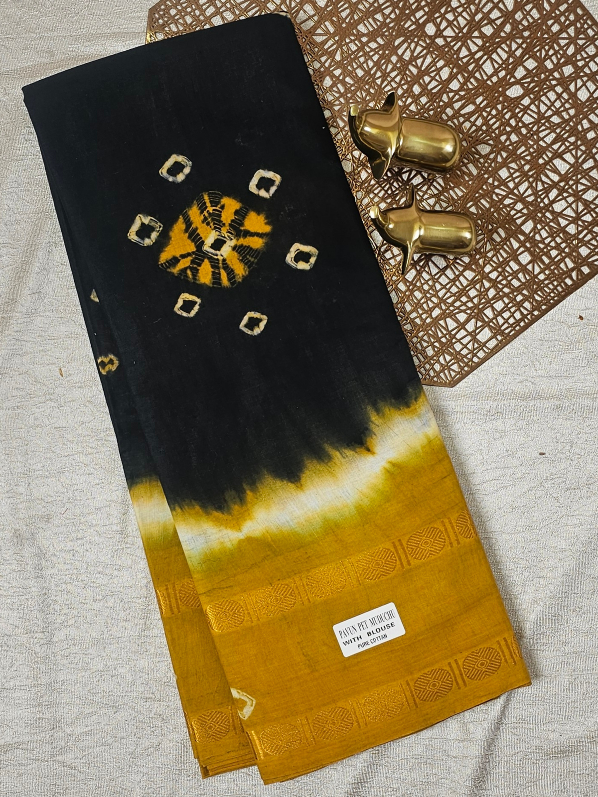Madurai Sungadi Cotton Saree - Black with Yellow