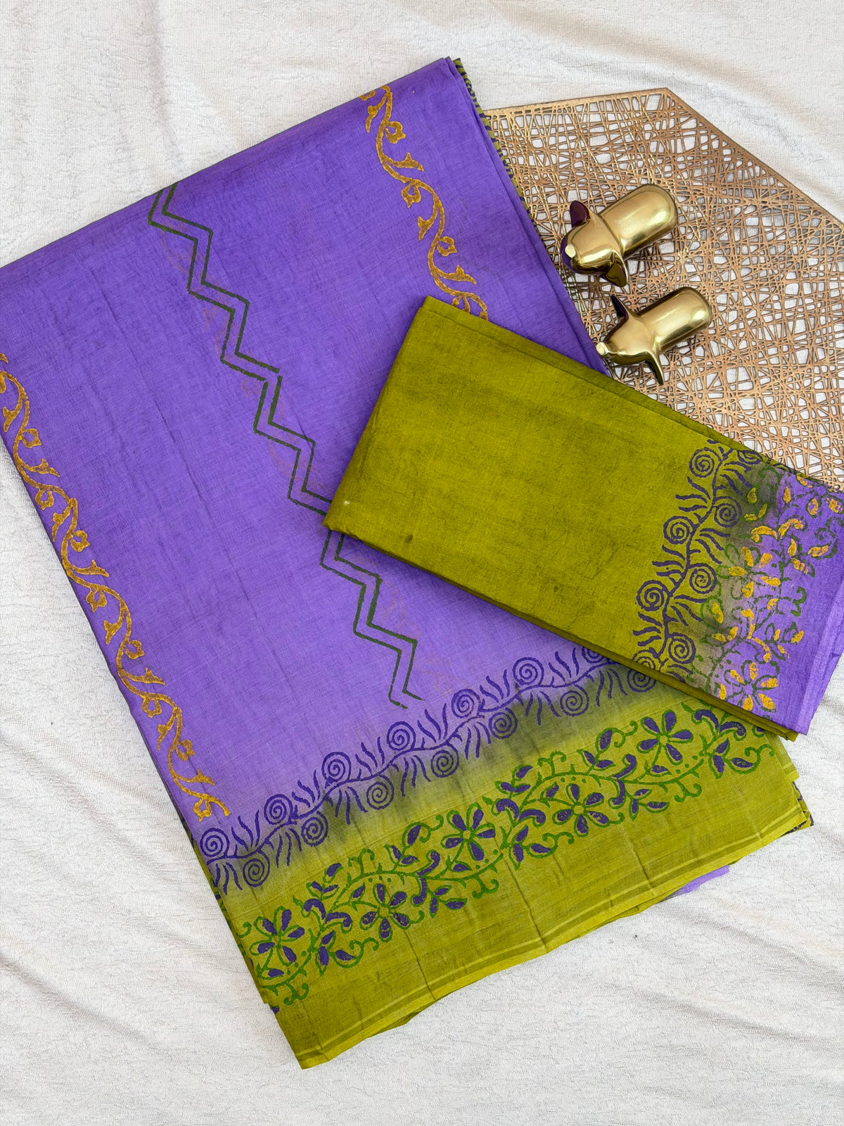 Pure Cotton with Hand Block Prints - Purple with Green