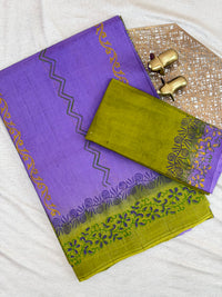 Pure Cotton with Hand Block Prints - Purple with Green