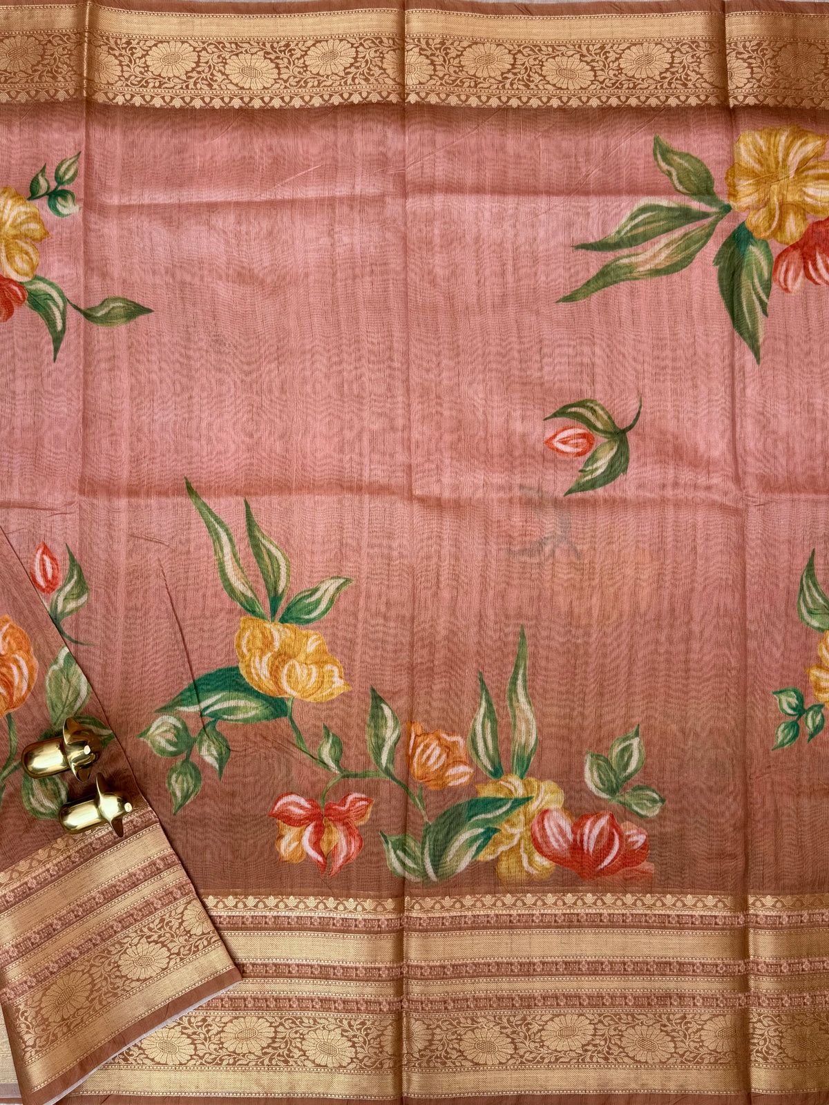 Unique Semi Tussar with Zari Border and Digital Prints - Brown