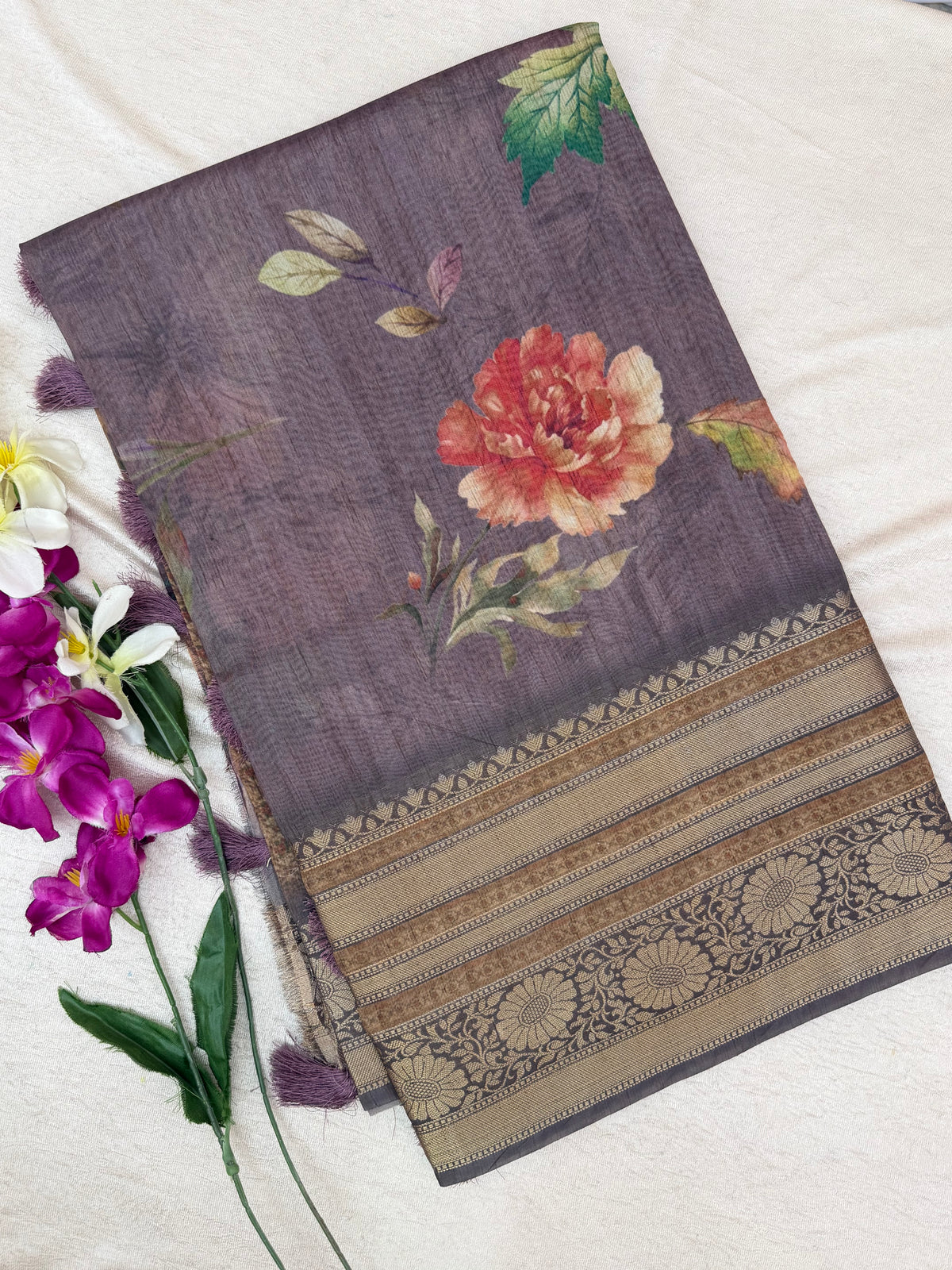 Unique Semi Tussar with Zari Border and Digital Prints - Dark Purple