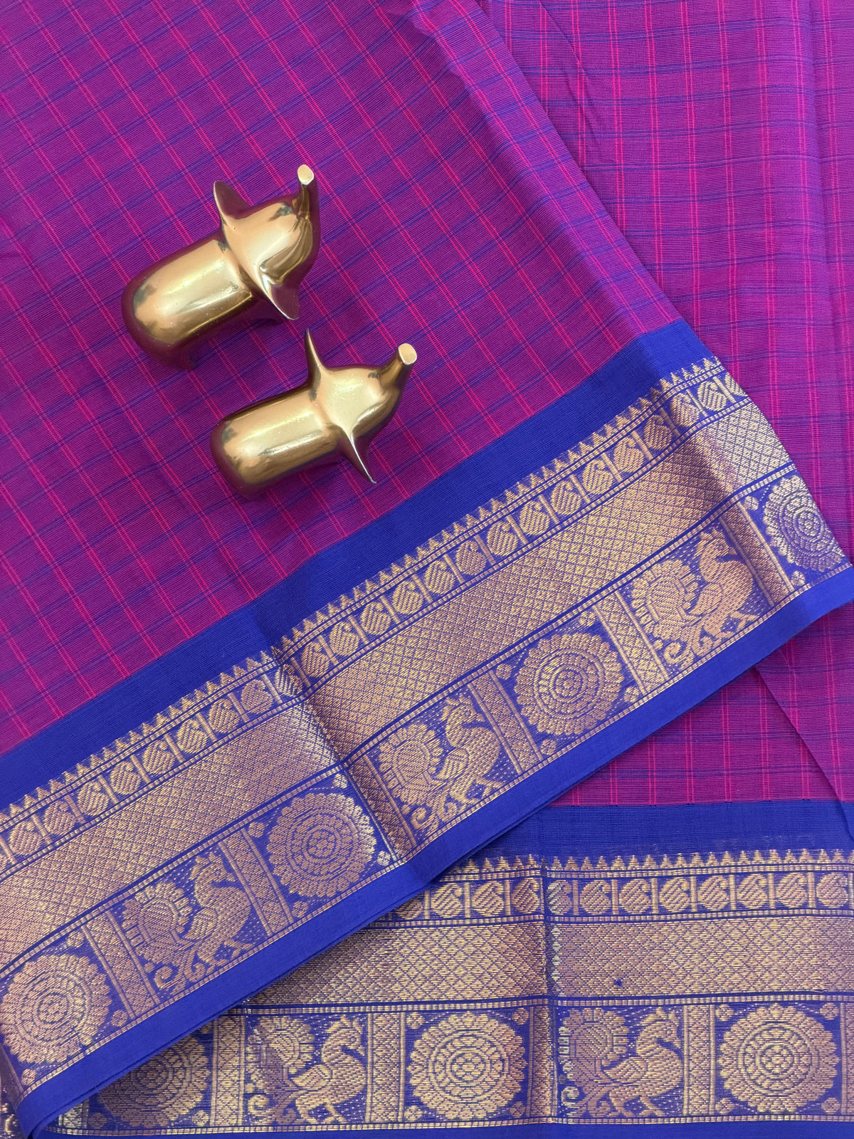 Chettinad Cotton Saree - Magenta Pink with Blue
