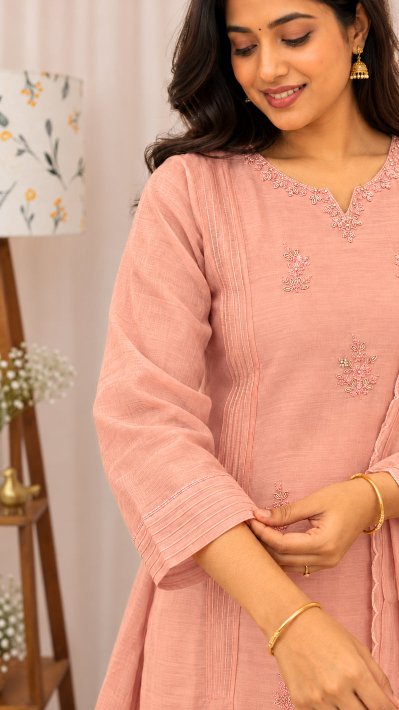 Premium Mul Chanderi 3 pcs Salwar Suit - Peach