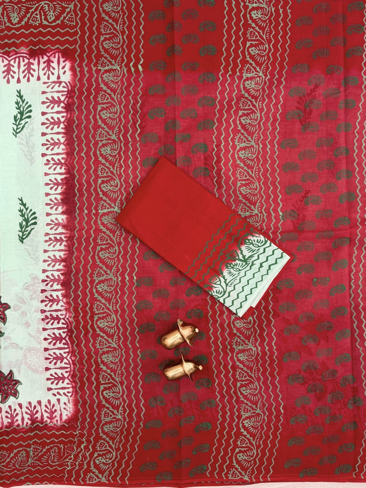 Pure Cotton with Hand Block Prints - Pista Green with Maroon