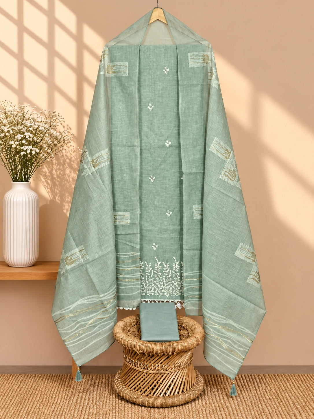 Premium Linen Tissue with Beads Work Unstitched Salwar - Rama Green