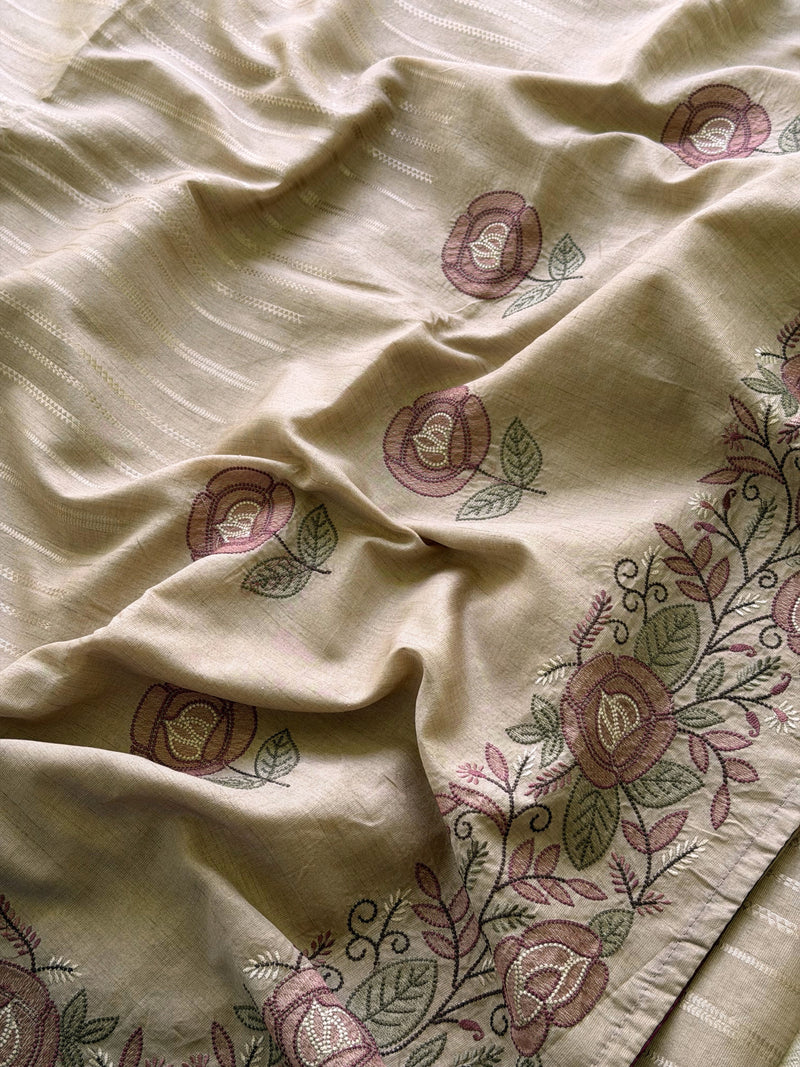 Premium Semi Tussar Zari Woven with Beautiful Emboridery Saree - Cream with Onion Pink