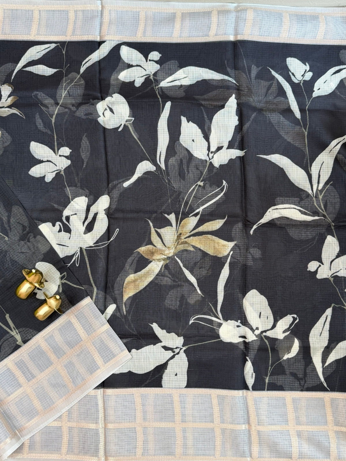 Premium Soft Semi Tussar Kota Weaving with Digital Prints - Black with Grey