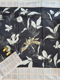 Premium Soft Semi Tussar Kota Weaving with Digital Prints - Black with Grey