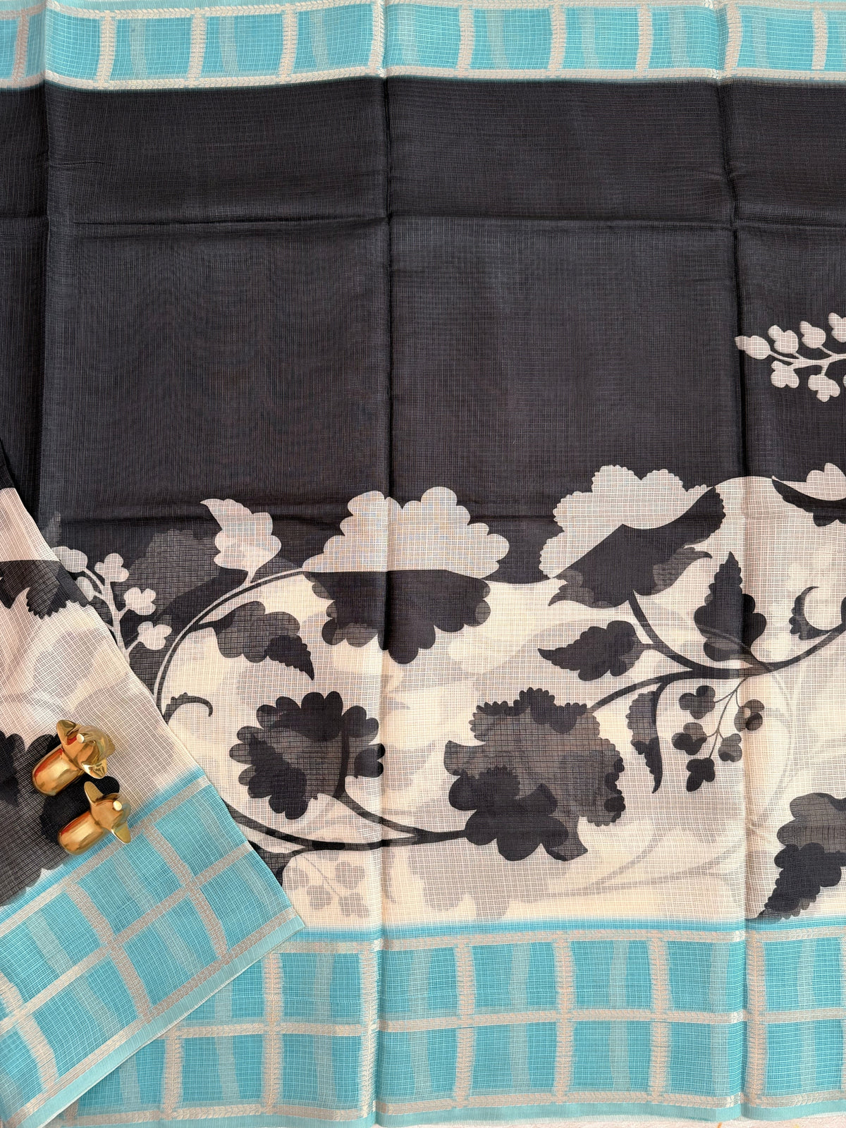 Premium Soft Semi Tussar Kota Weaving with Digital Prints - Cream with Blue
