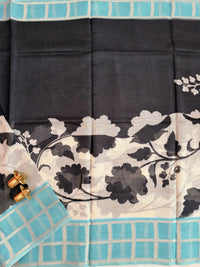 Premium Soft Semi Tussar Kota Weaving with Digital Prints - Cream with Blue