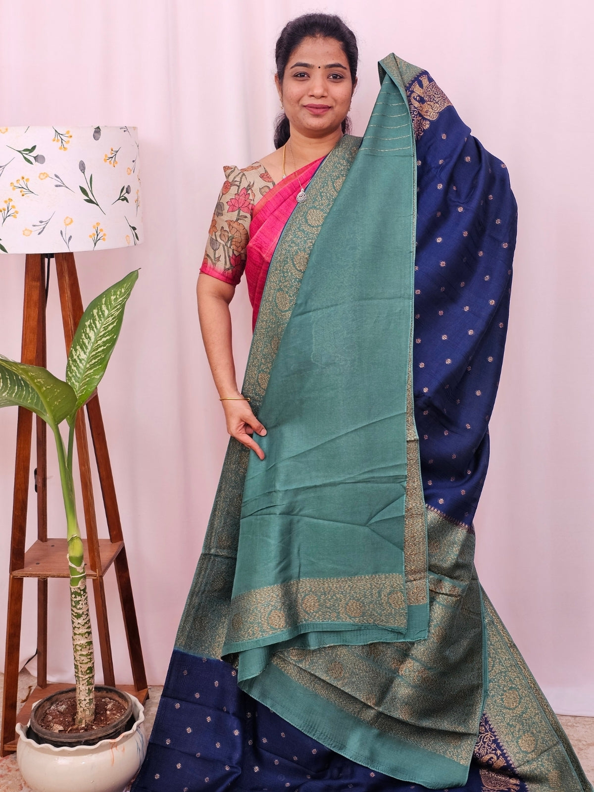 Jute Banarasi Silk Saree - Blue with Sea Green