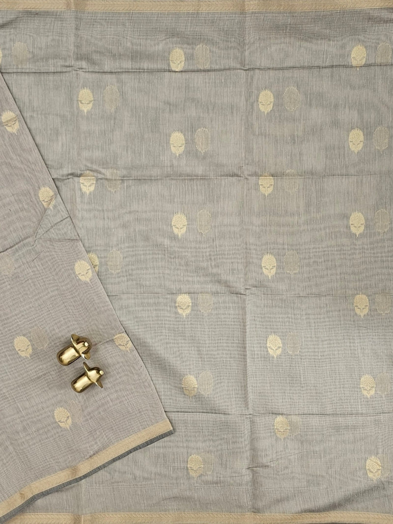 Semi Maheswari Silk Cotton Saree - Beige with Maroon