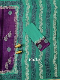 Pure Cotton with Hand Block Prints - Dark Purple with Sea Green