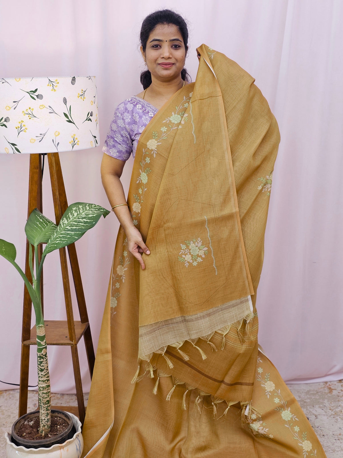 Linen Tissue with Zari Weaving Digital Printed Sarees - Yellow