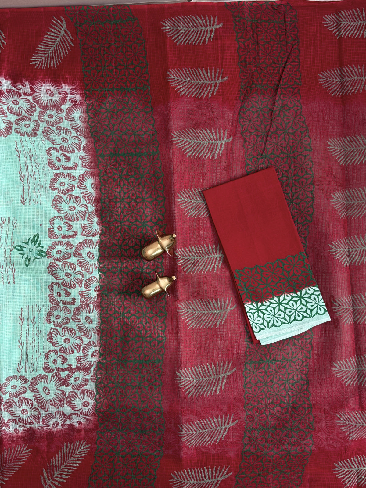 Pure Cotton with Checks Hand Block Prints - Pastel Sea Green with Red