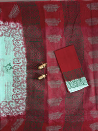 Pure Cotton with Checks Hand Block Prints - Pastel Sea Green with Red