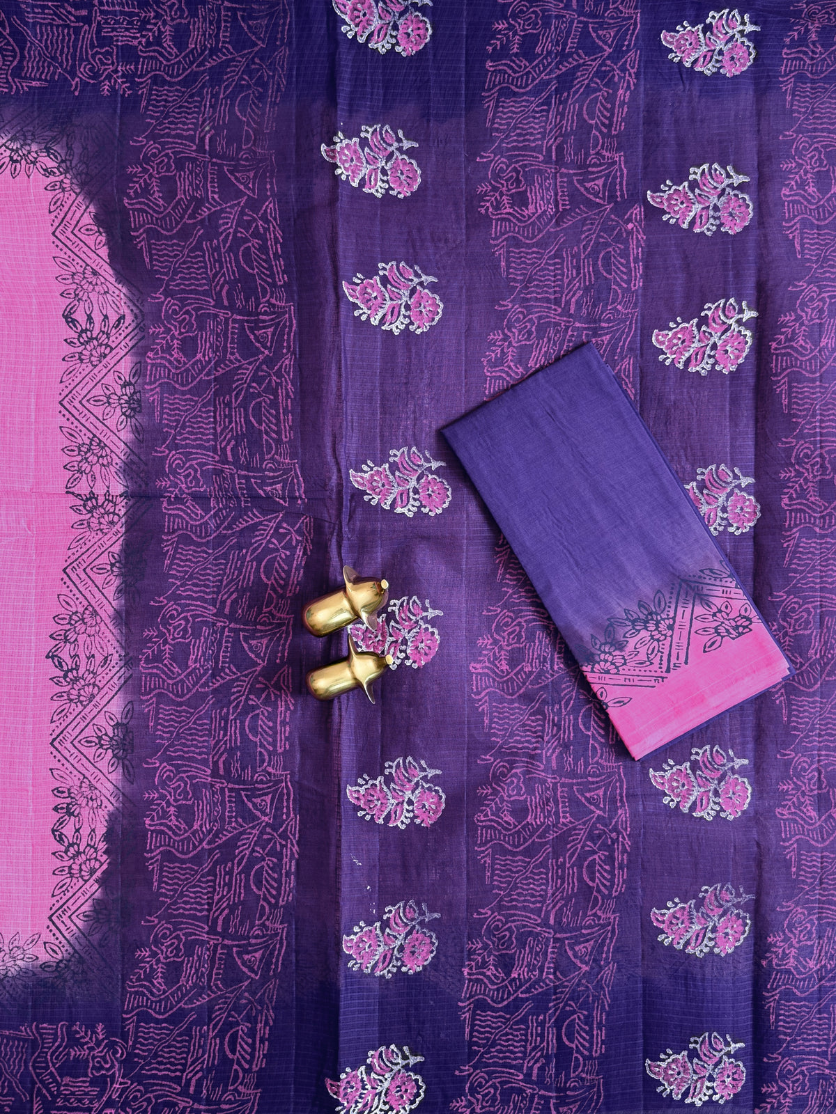 Pure Cotton with Checks Hand Block Prints - Pink with Purple