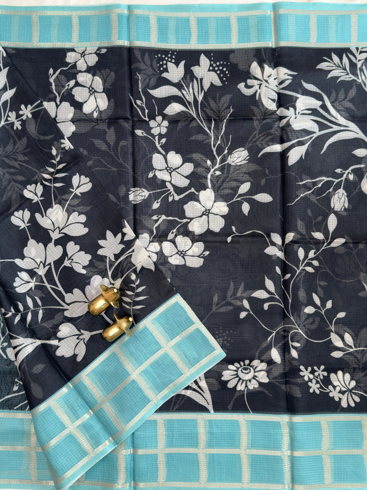 Premium Soft Semi Tussar Kota Weaving with Digital Prints - Black with Blue