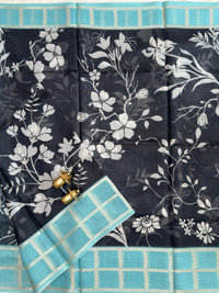 Premium Soft Semi Tussar Kota Weaving with Digital Prints - Black with Blue