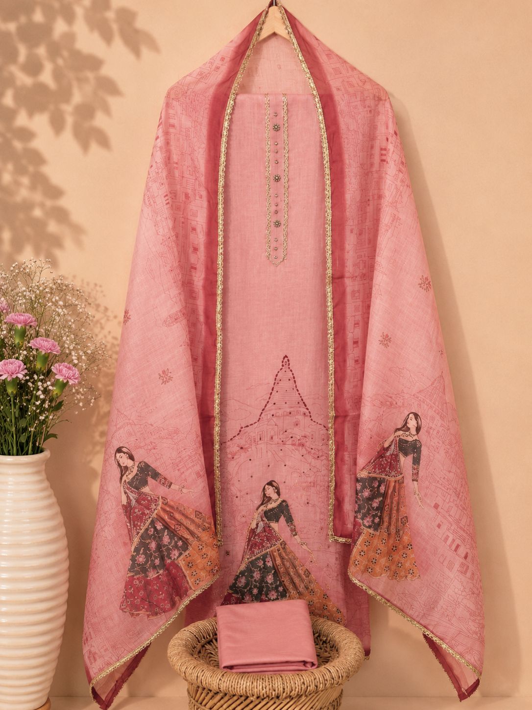 Linen Tissue Unstitched Salwar - Peach