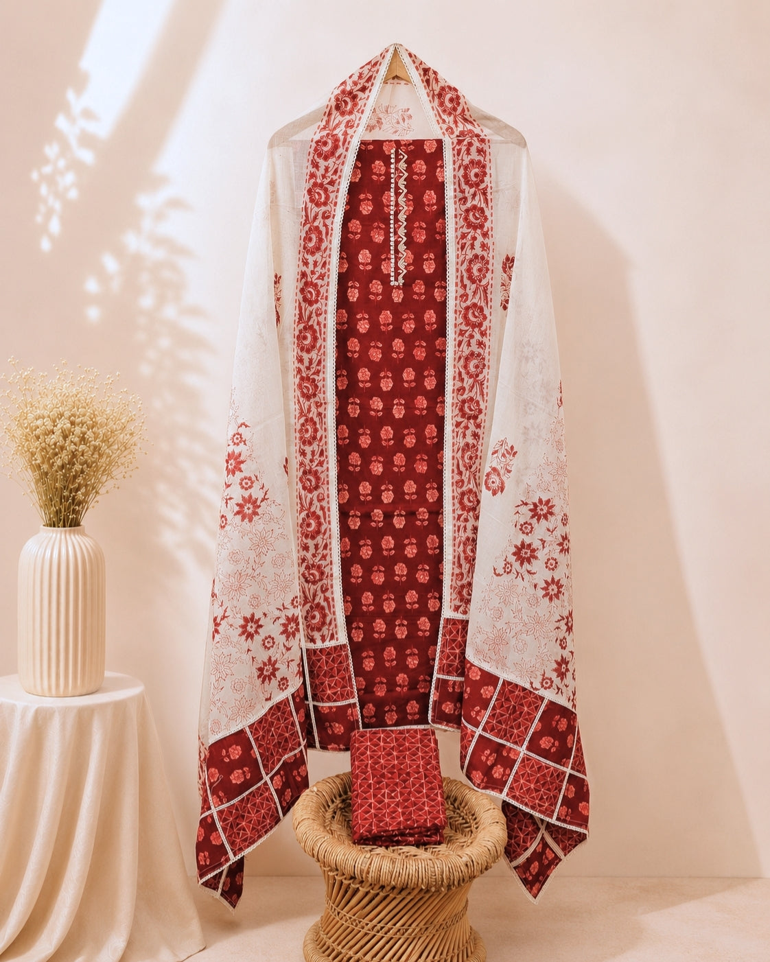 Premium Pure Cotton Unstitched Salwar -  Red