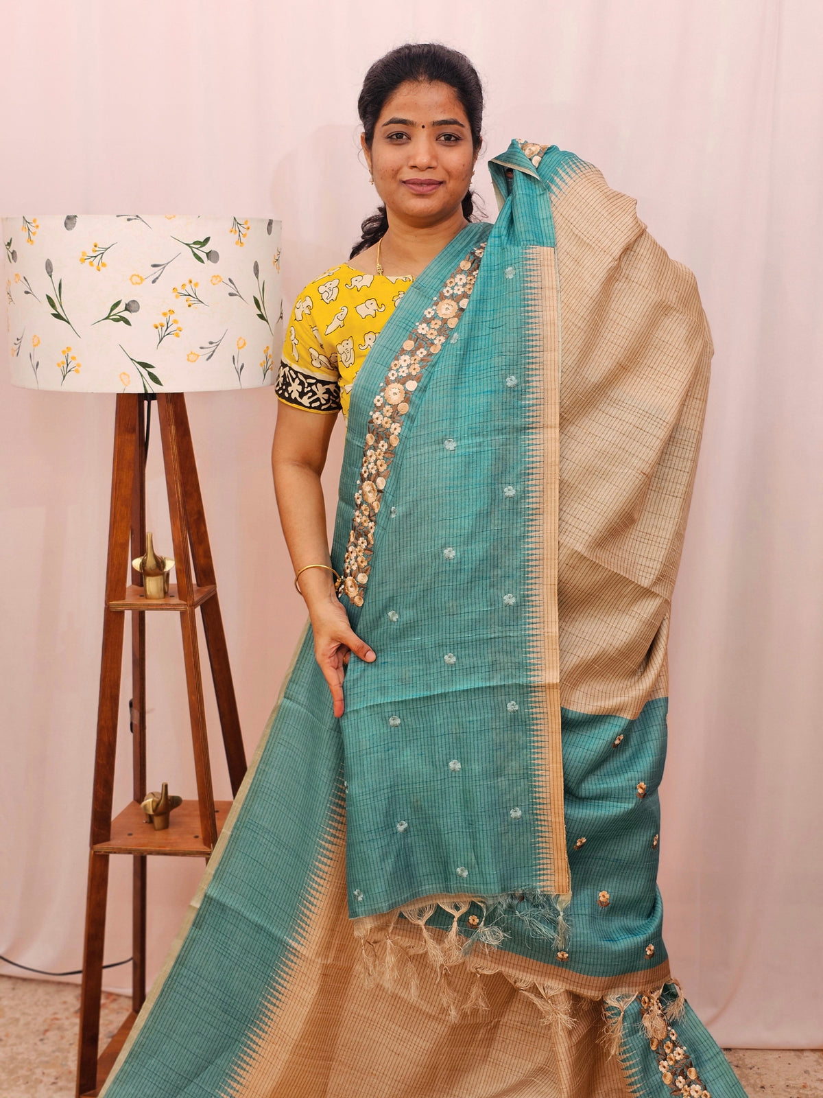 Premium Semi Tussar with  Heavy Floral Emboridery Saree - Blue