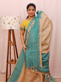 Premium Semi Tussar with  Heavy Floral Emboridery Saree - Blue
