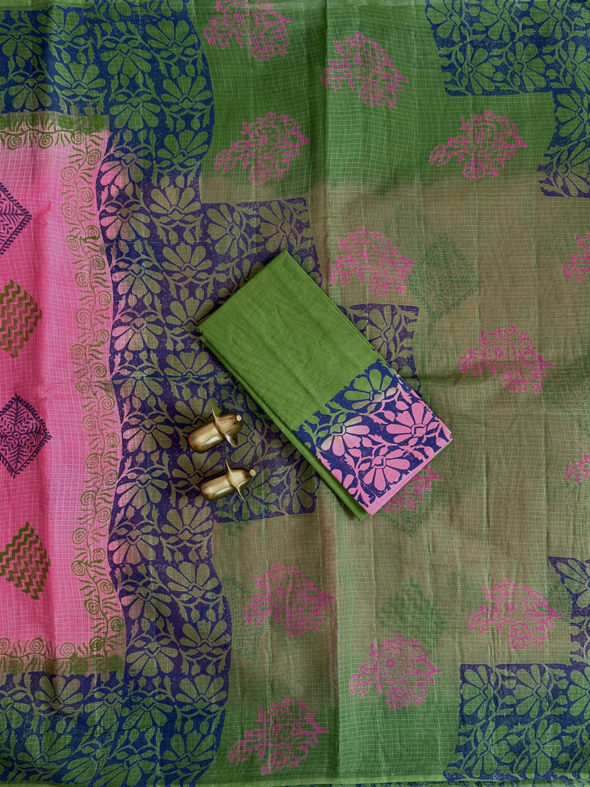 Pure Cotton with Checks Hand Block Prints - Pink with Green
