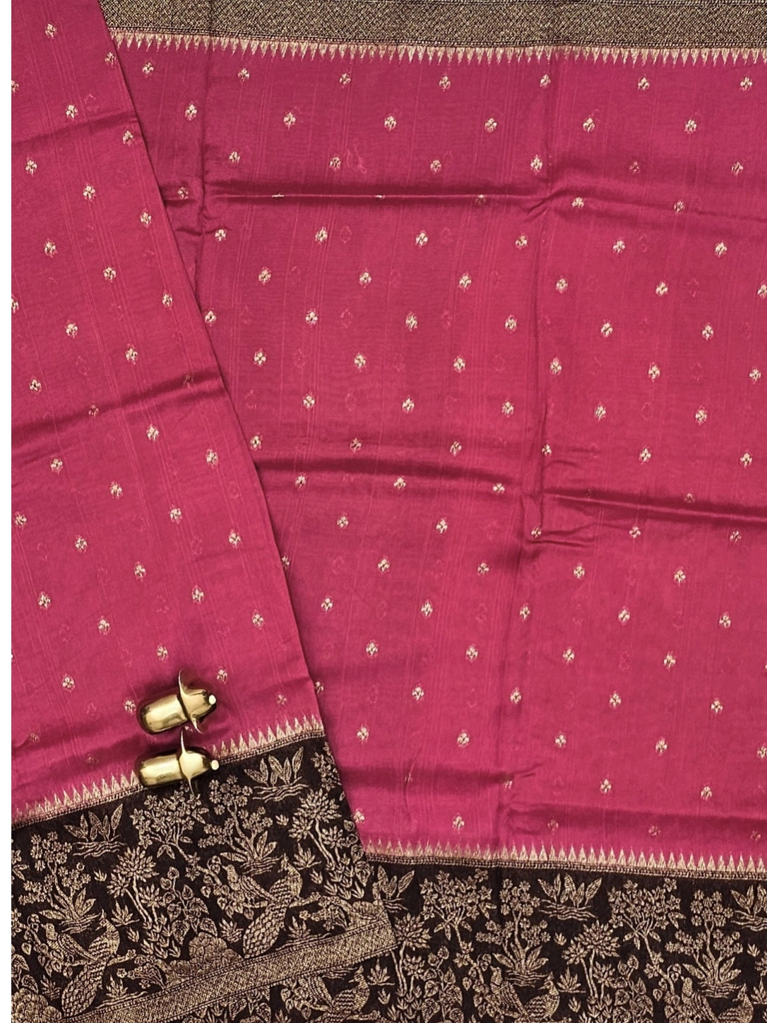 Jute Banarasi Silk Saree - Dark Onion Pink with Dark Brown