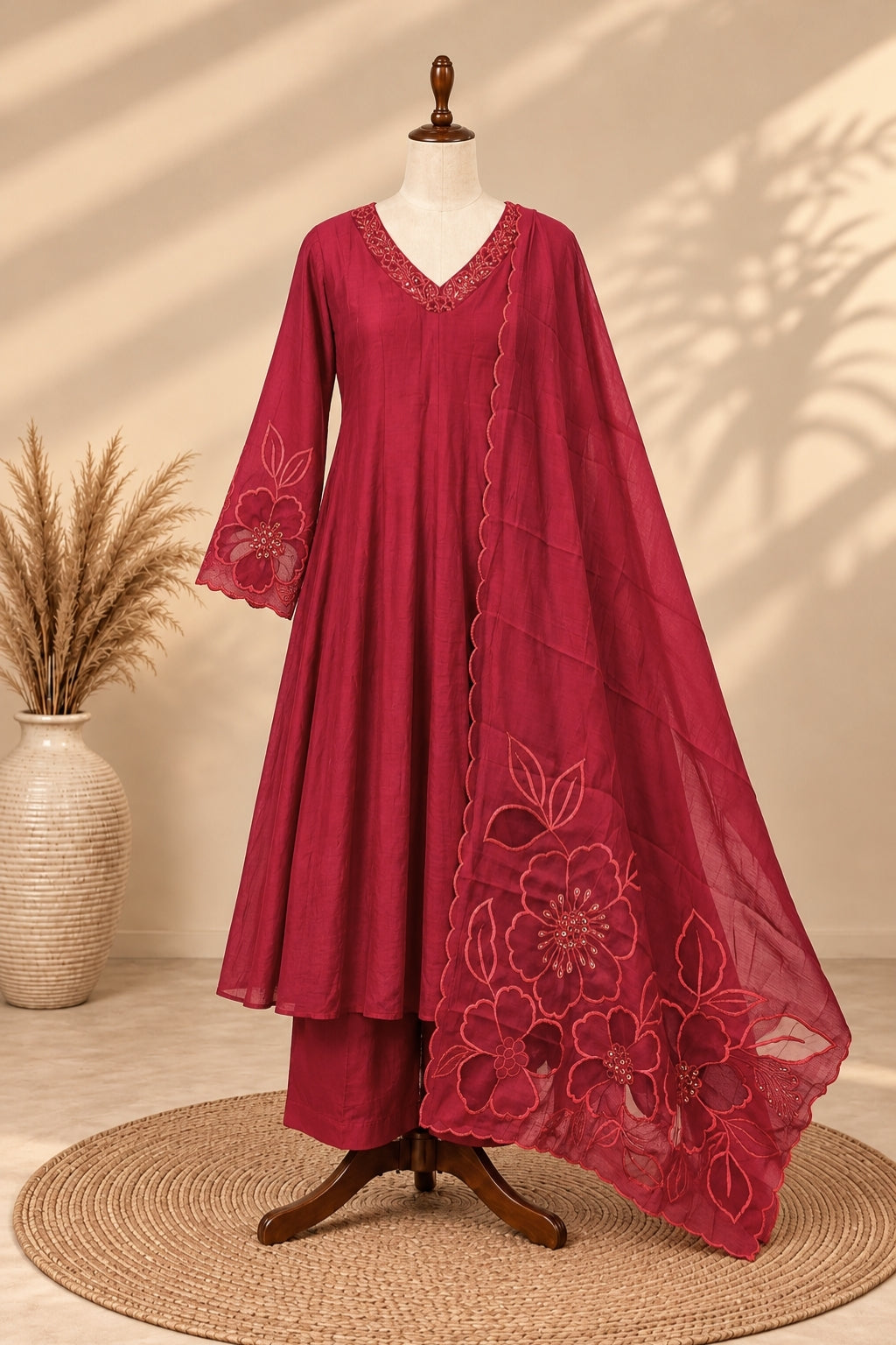 Premium Mul Chanderi 3 pcs Salwar Suit - Pinkish Marron