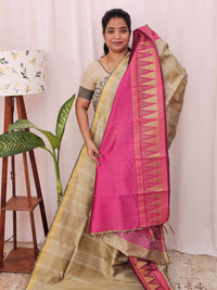 Semi Raw Silk Saree - Beige with Pink