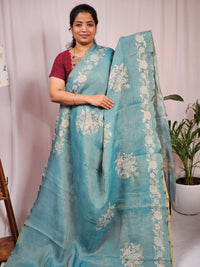 Linen Tissue with Aari Work - Blue