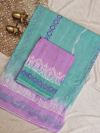 Pure Cotton with Hand Block Prints - Sea Blue with Lavender