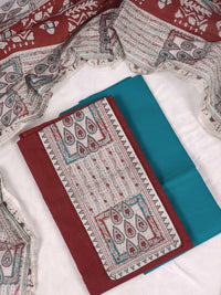 Cotton Unstitched Salwar - Maroon with Peacock Blue