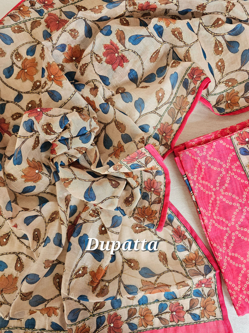 Chanderi with Kantha Unstitched Salwar Suit - Pink
