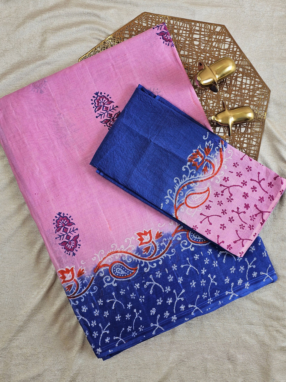 Pure Cotton with Hand Block Prints - Pink with Blue