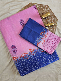 Pure Cotton with Hand Block Prints - Pink with Blue
