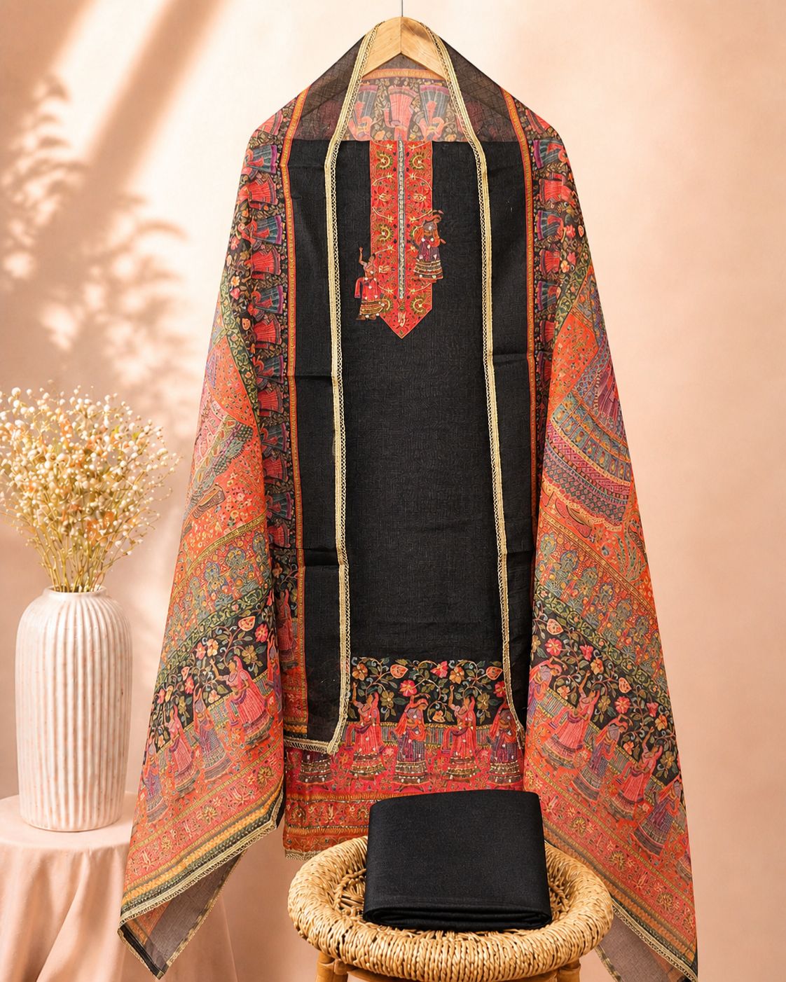 Linen Tissue Unstitched Salwar Set – Black