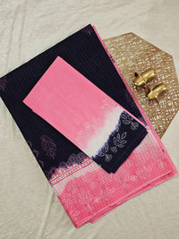 Pure Cotton with Checks Hand Block Prints - Blue with Pink