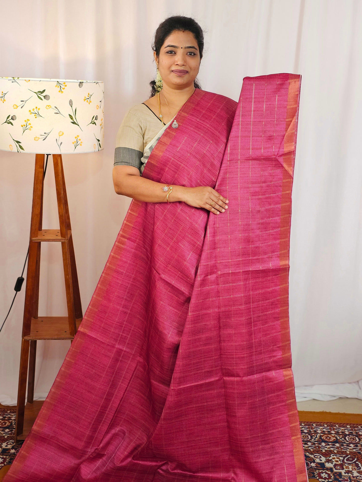 Soft Semi Tussar Checks Weaving with Kalamkari - Pink
