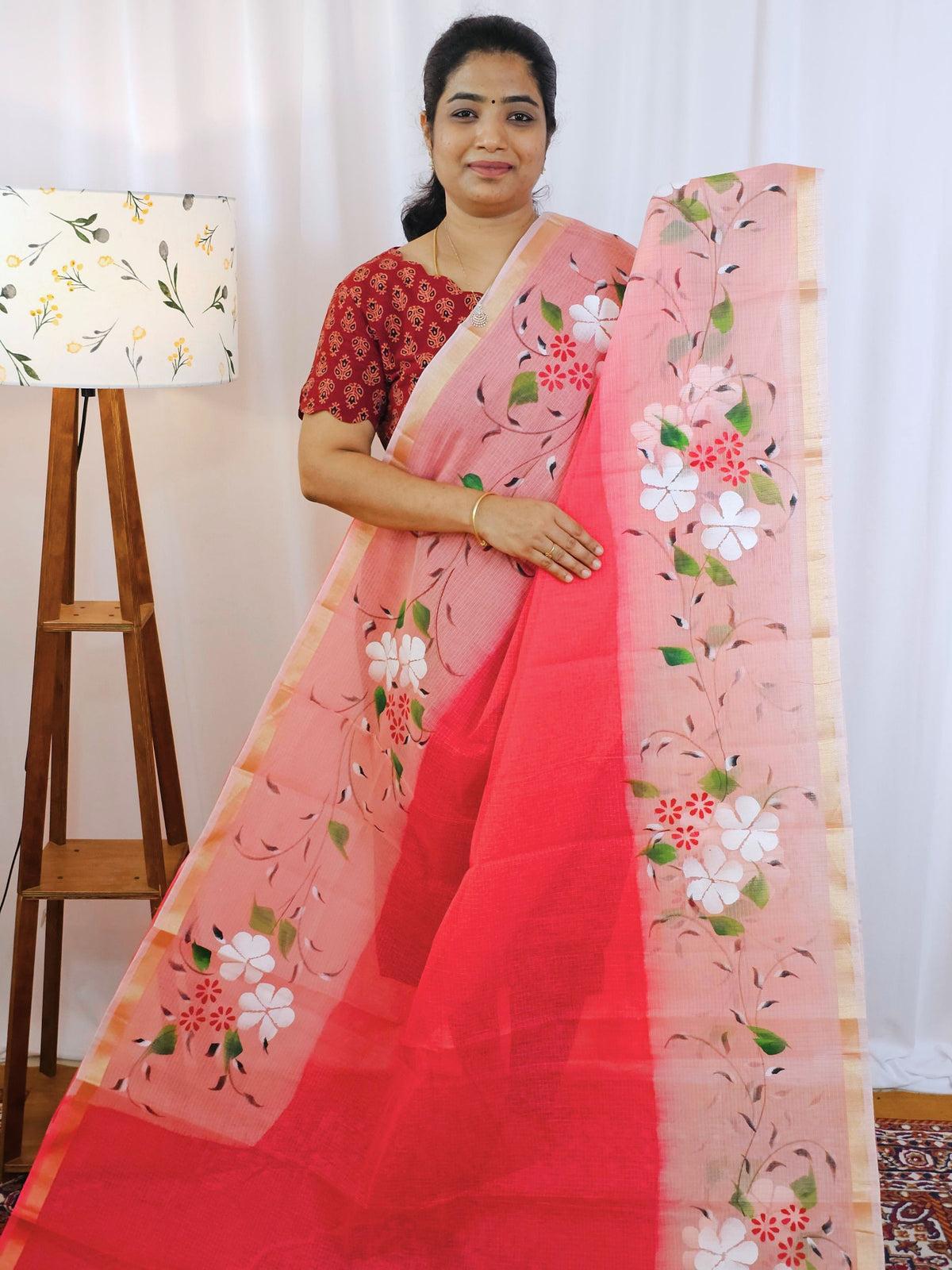 Semi Tussar Kota with Hand Painted Saree - Dark Peach With Red