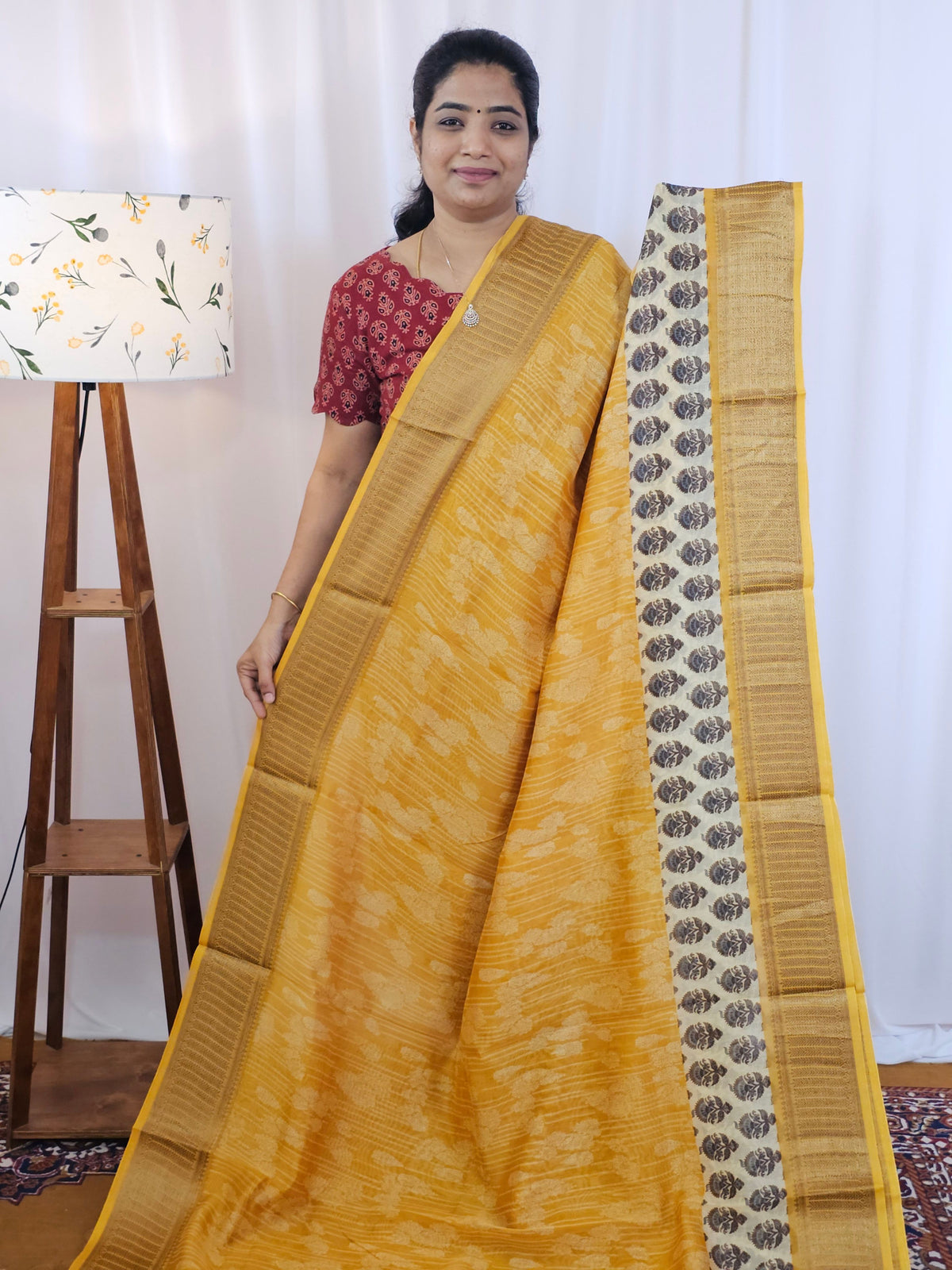 Pure Chanderi Butter Silk - Mustard Yellow with Cream