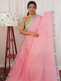 Handwoven Mangalagiri Pattu Saree with Digital Prints  - Peachish Pink  with Lavender