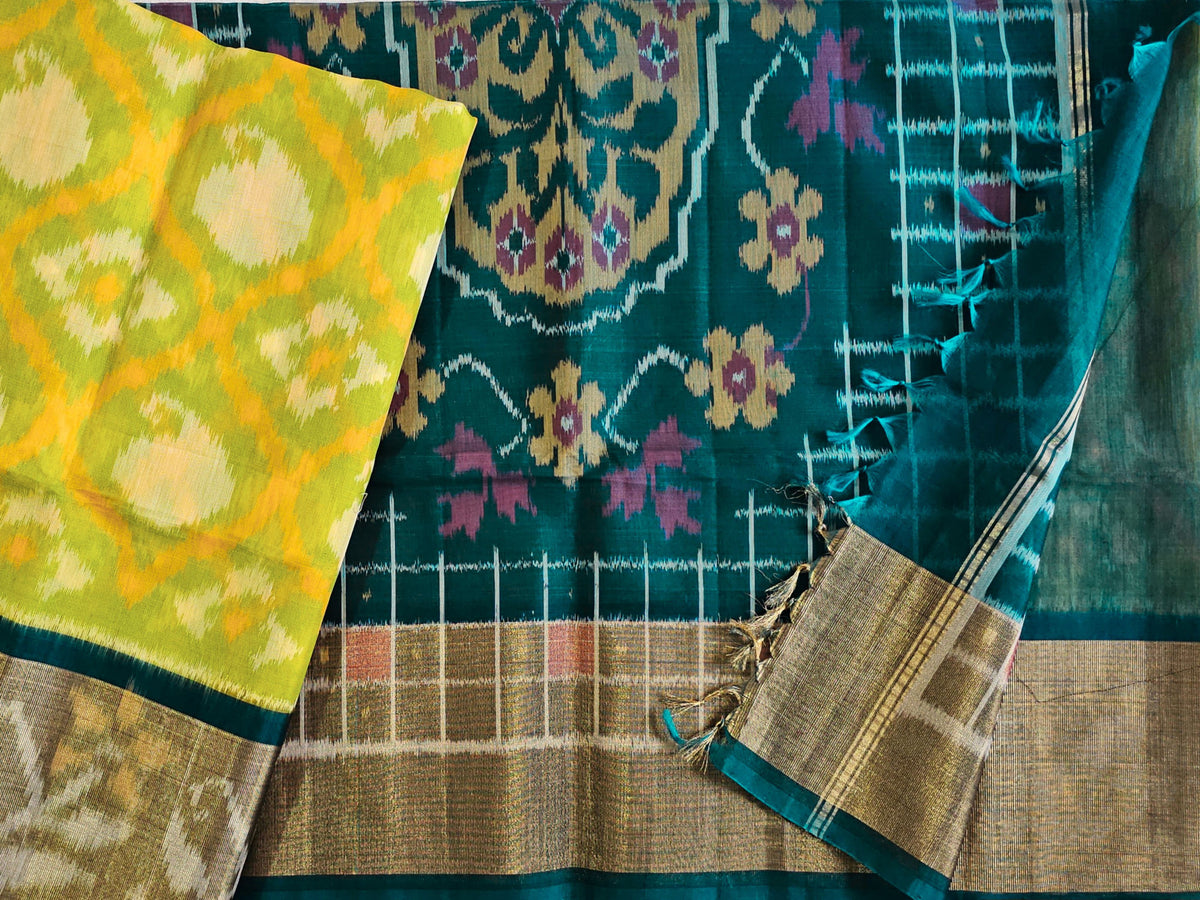 Green with Peacock Green Pochampally Ikkat Silk Cotton (SICO Pattu)