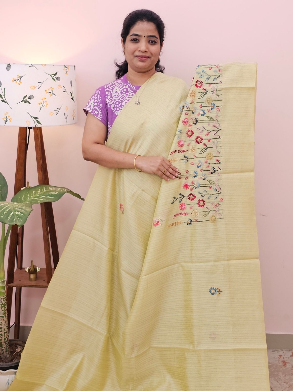 Premium Soft Linen Tissue with Hand Emboridery - Pista Green