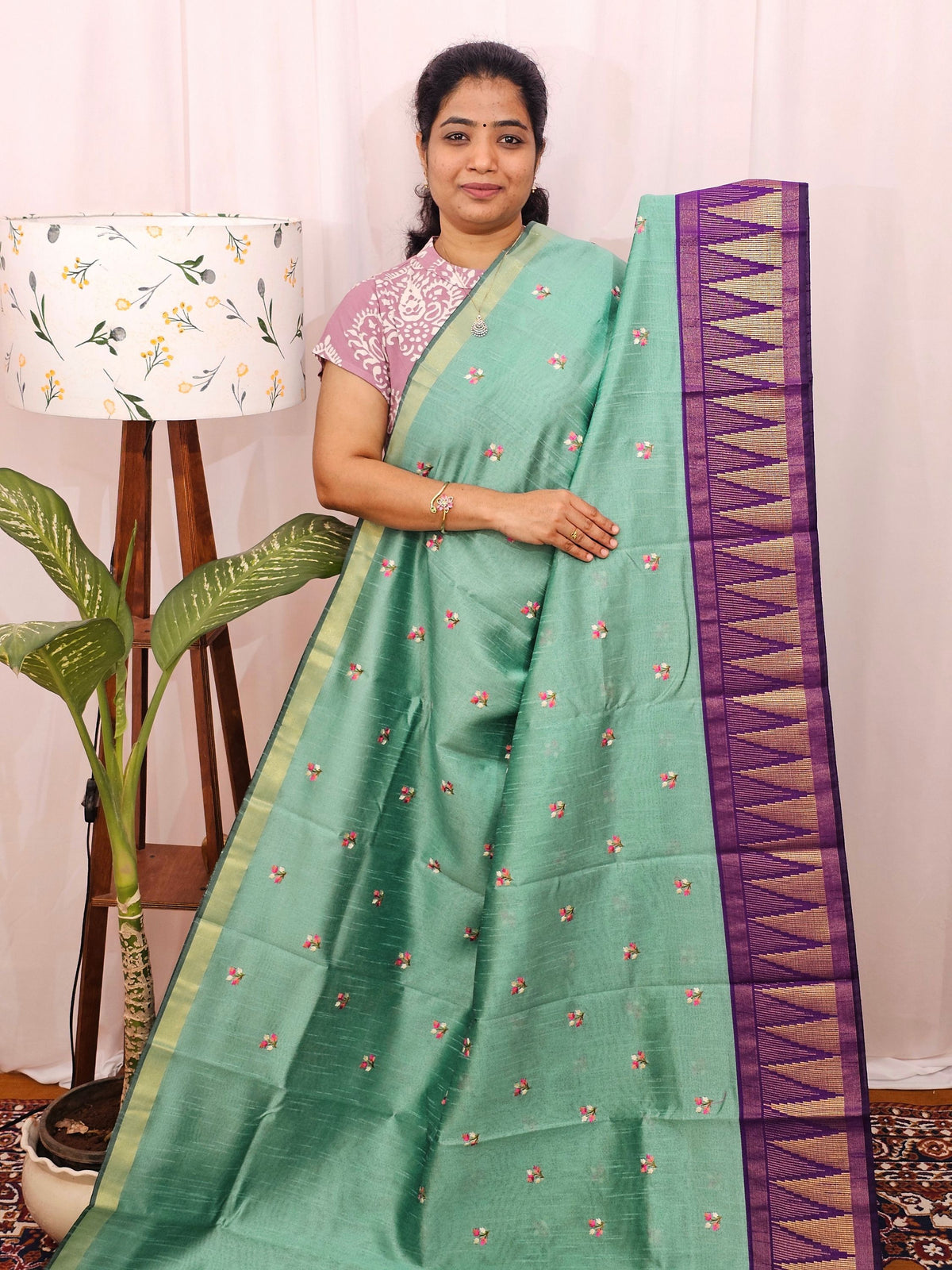Semi Raw Silk Saree with Emboridery -  Sea Green with Purple