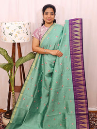 Semi Raw Silk Saree with Emboridery -  Sea Green with Purple