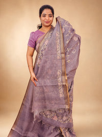 Linen Tissue with Aari Work - Smoky Blue- Lavender