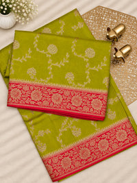 Jute Banarasi Silk Saree - Green with Red